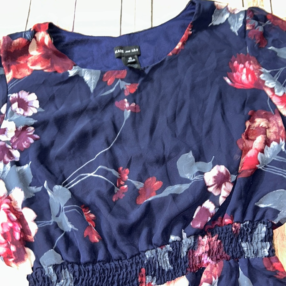 Kate & Lilly Blue Cinched Floral Dress, Size 14
